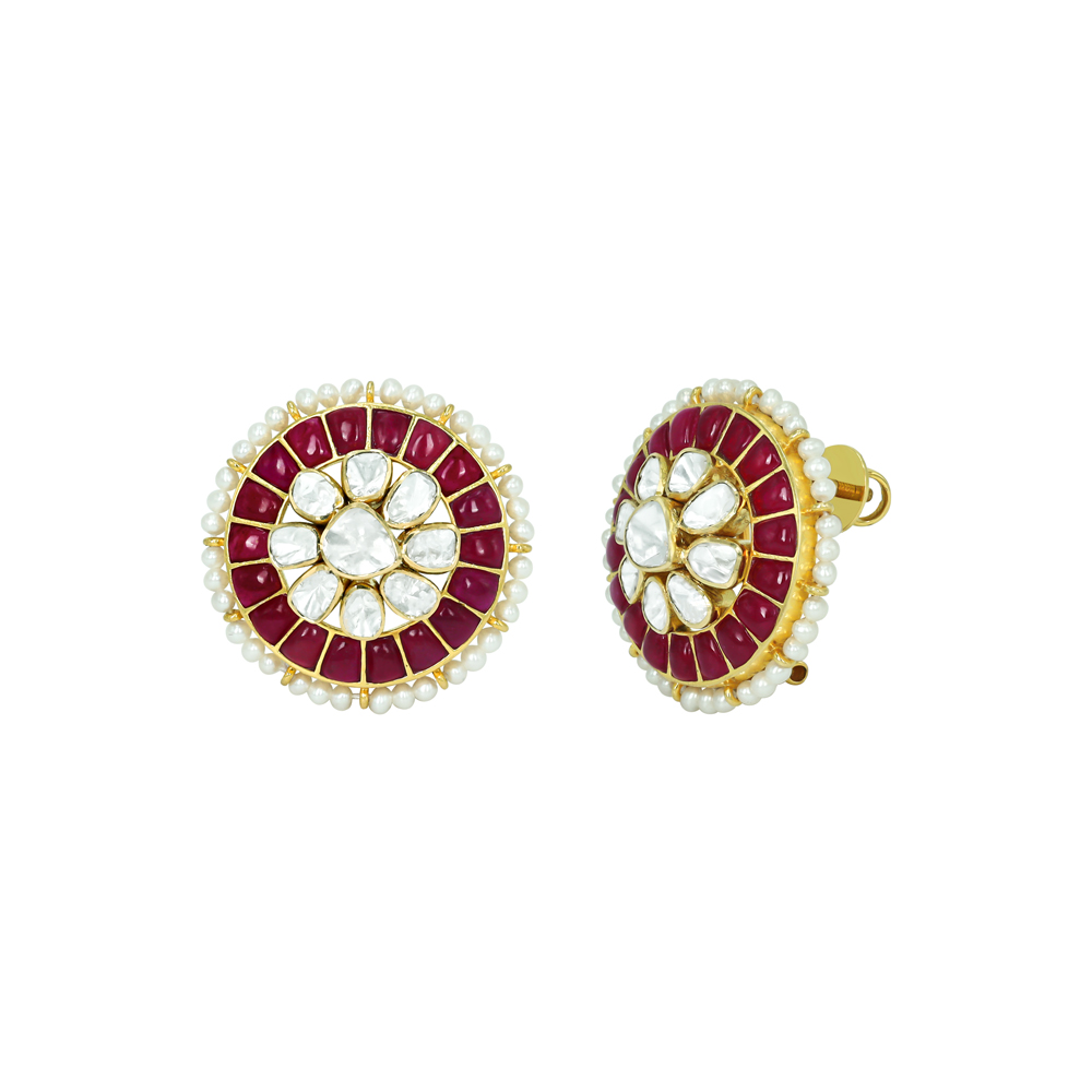 Ruby Coloured Talaf Studs with Polki Cluster and Pearl Detailing